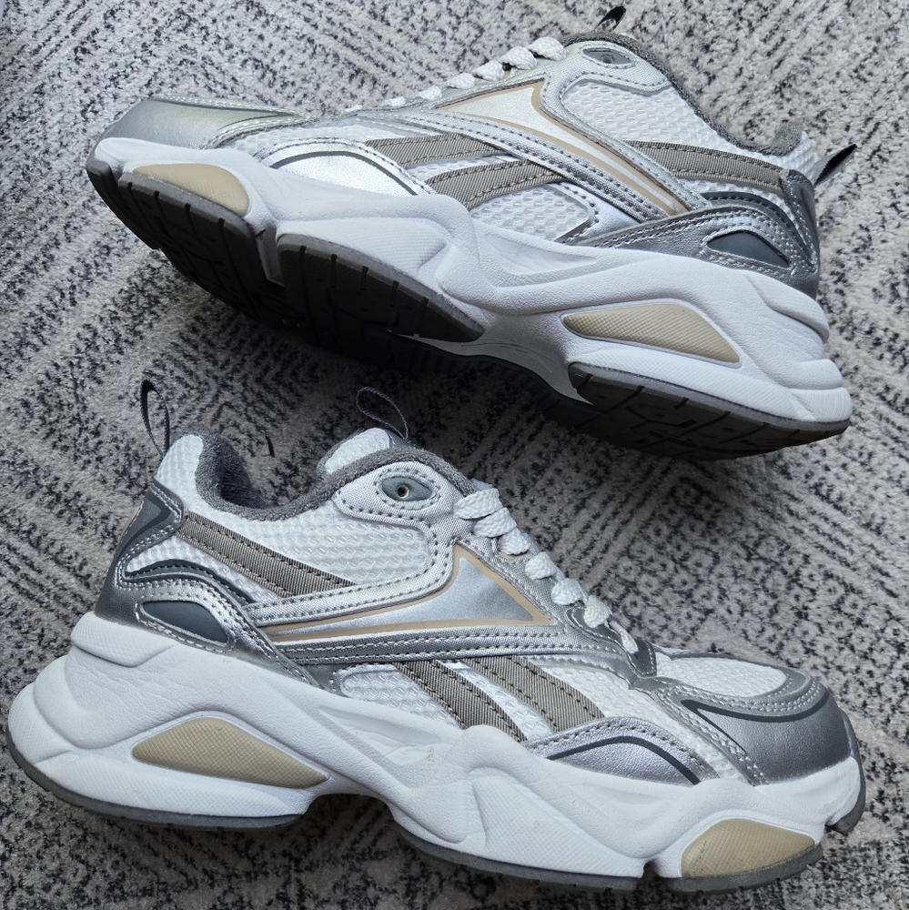 Reebok Silver and White Athletic Shoes with Chunky Design